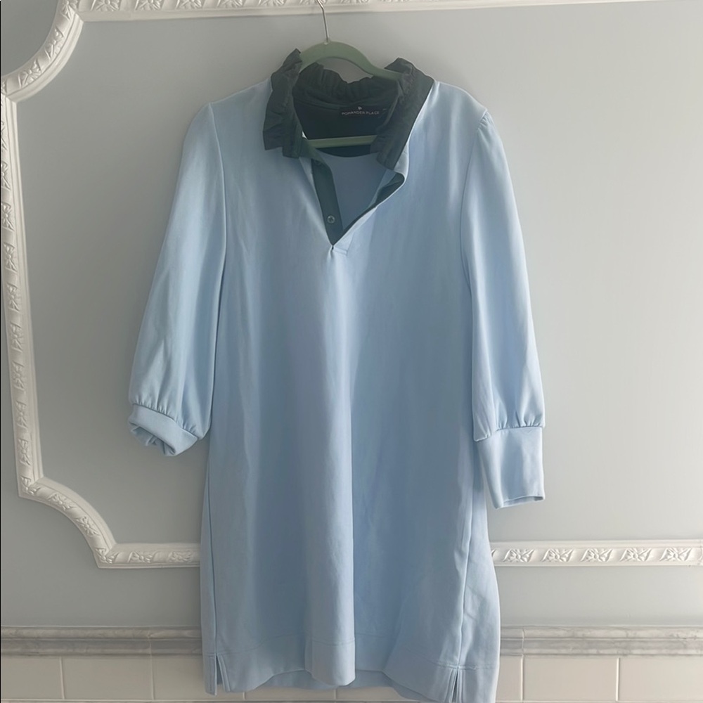Pomander Place Light Blue Shirt with Dark green collar